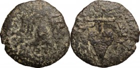 Greek Asia. Judaea. Herod Archelaus (4 BC - 6 AD). AE Prutah. D/ EΘNAPKOY. Helmet. R/ HPΩΔOY. Bunch of grapes on vine with small leaf on left. Hendin ...