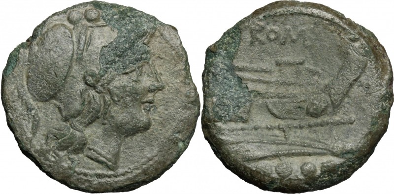 Anonymous. AE Triens, after 211 BC. Uncertain mint. D/ Helmeted head of Minerva ...