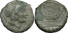 Anonymous. AE Triens, after 211 BC. Uncertain mint. D/ Helmeted head of Minerva right; four pellets (mark of value) above. R/ Prow of galley right; fo...