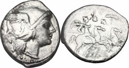 Apex and hammer series. AR Denarius, uncertain mint in Italy, 211-208 BC. D/ Head of Roma right, helmeted. R/ Dioscuri galloping right; above, apex an...