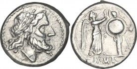 Anonymous. AR Victoriatus, 211-208 BC. D/ Head of Jupiter right, laureate. R/ Victory standing right, crowning trophy. Cr. 90/2. AR. g. 3.08 mm. 16.00...