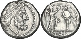 Anonymous. AR Victoriatus, 211-208 BC. D/ Head of Jupiter right, laureate. R/ Victory standing right, crowning trophy. Cr. 90/2. AR. g. 3.37 mm. 16.00...