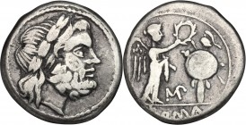 Anonymous. AR Victoriatus, uncertain mint, 211-208 BC. D/ Head of Jupiter right, laureate. R/ Victory standing right, crowning trophy; between, MP. Cr...