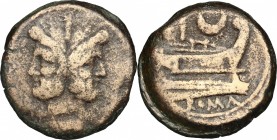 Crescent series. AE As, 194-190 BC. D/ Head of Janus, laureate. R/ Prow right; above, crescent. Cr. 137/2. AE. g. 40.44 mm. 36.00 Enchanting copper su...