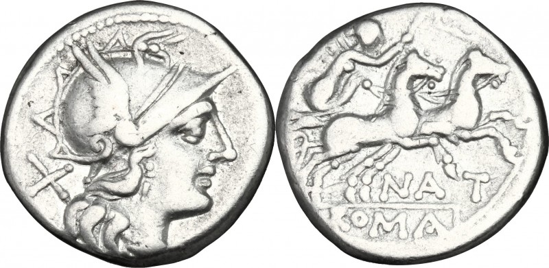 Pinarius Natta. AR Denarius, 155 BC. D/ Head of Roma right, helmeted. R/ Victory...