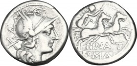 Pinarius Natta. AR Denarius, 155 BC. D/ Head of Roma right, helmeted. R/ Victory in biga right, holding reins and whip. Cr. 200/1. AR. g. 4.00 mm. 17....