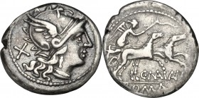 C. Maianius. AR Denarius, 153 BC. D/ Head of Roma right, helmeted. R/ Victoria in biga right, holding reins and whip. Cr. 203/1. AR. g. 3.62 mm. 18.00...