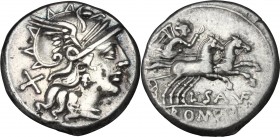 L. Saufeius. AR Denarius, 152 BC. D/ Head of Roma right, helmeted. R/ Victory in biga right, holding reins and whip. Cr. 204/1. AR. g. 3.53 mm. 18.00 ...