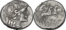 L. Saufeius. AR Denarius, 152 BC. D/ Head of Roma right, helmeted. R/ Victory in biga right, holding reins and whip. Cr. 204/1. AR. g. 3.69 mm. 17.00 ...