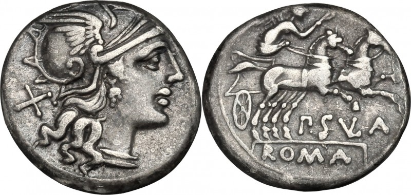 P. Cornelius Sulla. AR Denarius, 151 BC. D/ Head of Roma right, helmeted. R/ Vic...