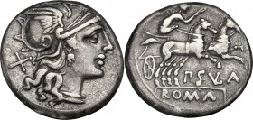 P. Cornelius Sulla. AR Denarius, 151 BC. D/ Head of Roma right, helmeted. R/ Victory in biga right. Cr. 205/1. B. (Cornelia) 1. AR. g. 3.97 mm. 18.00 ...
