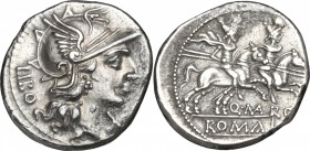 Q. Marcius Libo. AR Denarius, 148 BC. D/ Head of Roma right, helmeted; behind, LIBO; before, X. R/ The Dioscuri galloping right; below, Q. MARC; in ex...
