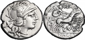 C. Valerius Flaccus. AR Denarius, 140 BC. D/ Head of Roma right, helmeted. R/ Victory in biga right, holding reins and whip. Cr. 228/2. AR. g. 3.93 mm...