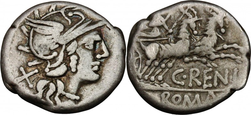 C. Renius. AR Denarius, 138 BC. D/ Head of Roma right, helmeted. R/ Juno in biga...