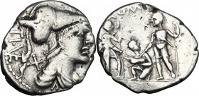 T. Veturius. AR Denarius, 137 BC. D/ Head of Mars right, helmeted. R/ Oath-taking scene; two soldiers standing facing each other; holding spear and to...