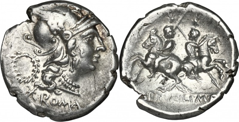 C. Servilius M.f. AR Denarius, 136 BC. D/ Head of Roma right, helmeted; behind, ...