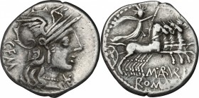 M. Aburius M.f. Geminus. AR Denarius, uncertain mint, 132 BC. D/ Head of Roma right, helmeted. R/ Sol in quadriga right, holding reins and whip. Cr. 2...