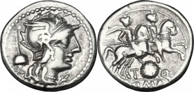 T. Quinctius Flamininus. AR Denarius, 126 BC. D/ Head of Roma right, helmeted; behind, apex. R/ Dioscuri galloping right; below, Macedon shield. Cr. 2...