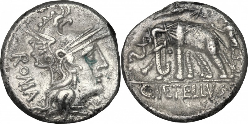 C. Caecilius Metellus Caprarius. AR Denarius, 125 BC. D/ Head of Roma right, hel...