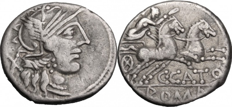 C. Porcius Cato. AR Denarius, 123 BC. D/ Head of Roma right, helmeted. R/ Victor...