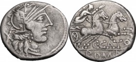 C. Porcius Cato. AR Denarius, 123 BC. D/ Head of Roma right, helmeted. R/ Victory in biga right. Cr. 274/1. AR. g. 3.82 mm. 18.00 Toned. About VF.