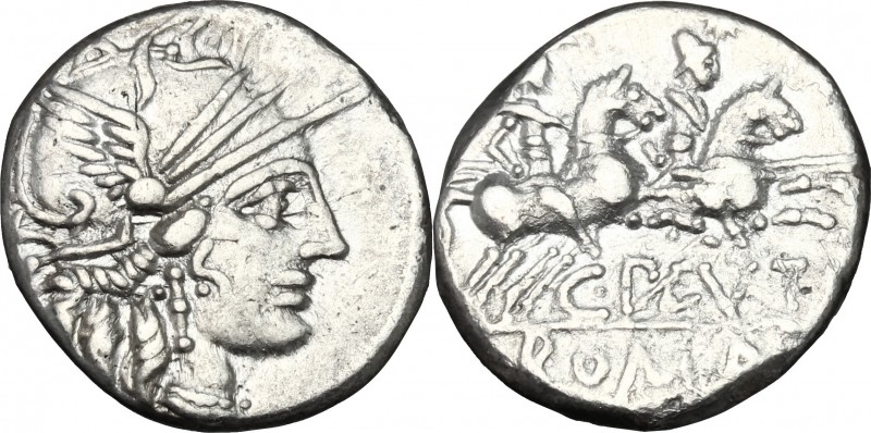 C. Plutius. AR Denarius, 121 BC. D/ Head of Roma right, helmeted. R/ Dioscuri ga...