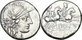 C. Plutius. AR Denarius, 121 BC. D/ Head of Roma right, helmeted. R/ Dioscuri galloping right. Cr. 278/1. AR. g. 3.86 mm. 17.00 VF.