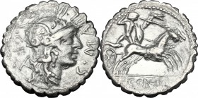 Cn. Domitius Ahenobarbus, L. Licinius Crassus, C. Malleolus. AR Denarius serratus, Narbo mint, 118 BC. D/ Head of Roma right, helmeted. R/ Gaulish war...
