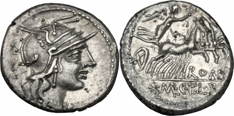 Q. Marcius. AR Denarius, 118-117 BC. D/ Head of Roma right, helmeted. R/ Victory...