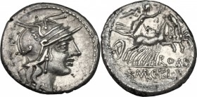 Q. Marcius. AR Denarius, 118-117 BC. D/ Head of Roma right, helmeted. R/ Victory in quadriga right, holding reins and wreath. Cr. 283/1b. AR. g. 3.91 ...
