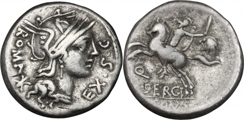 M. Sergius Silus. AR Denarius, 116-115 BC. D/ Head of Roma right, helmeted. R/ H...