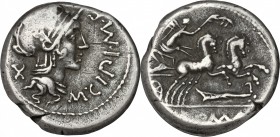 M. Cipius M. f. AR Denarius, 115-114 BC. D/ Head of Roma right, helmeted. R/ Victory in biga right, holding reins and palm-branch. Cr. 289/1. AR. g. 3...