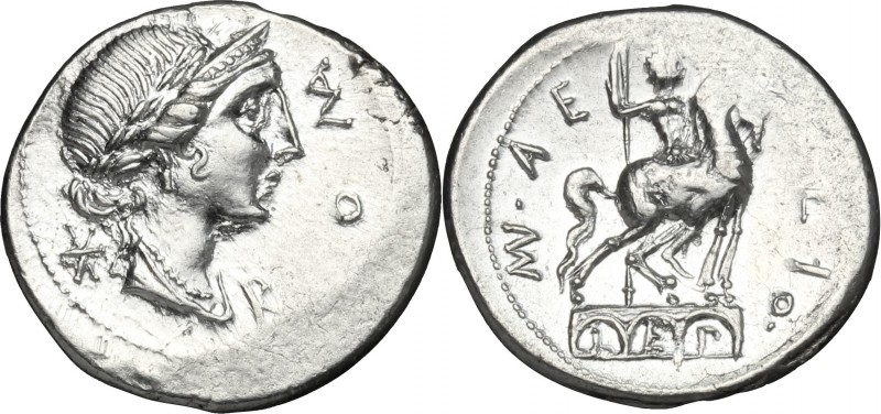 Mn. Aemilius Lepidus. AR Denarius, 114-113 BC. D/ Female bust right, laureate, d...