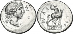 Mn. Aemilius Lepidus. AR Denarius, 114-113 BC. D/ Female bust right, laureate, diademed, draped. R/ Equestrian statue on top of an arch with three ope...