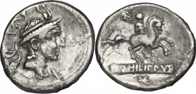L. Marcius Philippus. AR Denarius, 113-112 BC. D/ Head of Philip V of Macedon right, wearing diademed royal Macedonian helmet with goat horns; behind,...