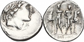 L. Memmius. AR Denarius, 109-108 BC. D/ Young male head right (Apollo?), wearing oak-wreath; before, X. R/ Dioscuri standing facing between their hors...