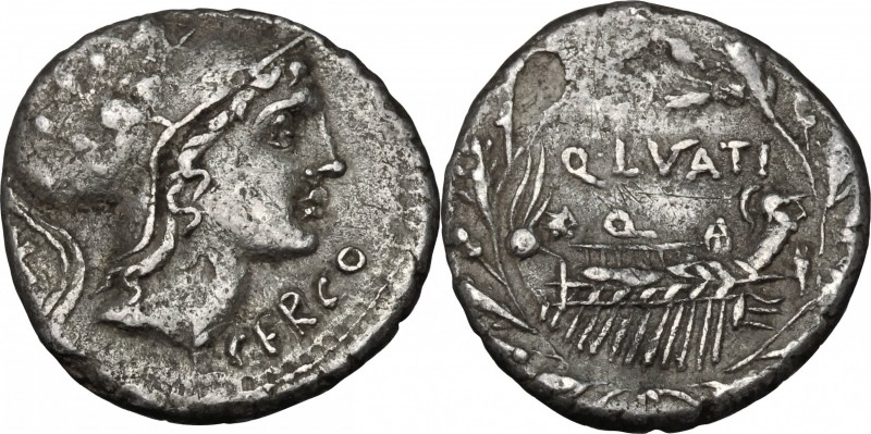 Q. Lutatius Cerco. AR Denarius, 109-108 BC. D/ Head of Roma right, wearing helme...