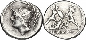 Q. Thermus. AR Denarius, 103 BC. D/ Head of Mars left, helmeted. R/ Roman soldier fighting enemy in protection of fallen comrade; in exergue, Q. THERM...