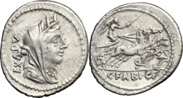 C. Fabius. AR Denarius, 102 BC. D/ Head of Cybele right, turreted, veiled. R/ Victoria in biga right; holding reins and goad; below, bird. Cr. 322/1. ...