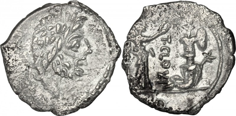 T. Cloelius. AR Quinarius, 98 BC. D/ Head of Jupiter right, laureate. R/ Victory...