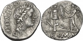 C. Egnatuleius C.f. AR Quinarius, 97 BC. D/ Head of Apollo right, laureate. R/ Victory standing left, inscribing a shield on a trophy. Cr. 333/1. AR. ...