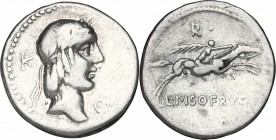 L. Calpurnius Piso Frugi. AR Denarius, 90 BC. D/ Head of Apollo right, laureate; before, C; behind, K. R/ Horseman right; holding palm-branch; above, ...