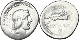 L. Calpurnius Piso Frugi. AR Denarius, 90 BC. D/ Head of Apollo right, laureate; behind, XXXIII. R/ Horseman right, holding palm-branch; above, XXXXII...