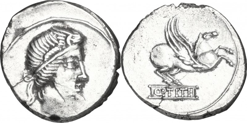 Q. Titius. AR Denarius, 90 BC. D/ Head of Mutinus Titinus-Priapus right, wearing...