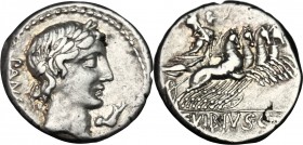 C. Vibius C. f. Pansa. AR Denarius, 90 BC. D/ Head of Apollo right, laureate. R/ Minerva in quadriga right, holding reins, spear and trophy. Cr. 342/5...
