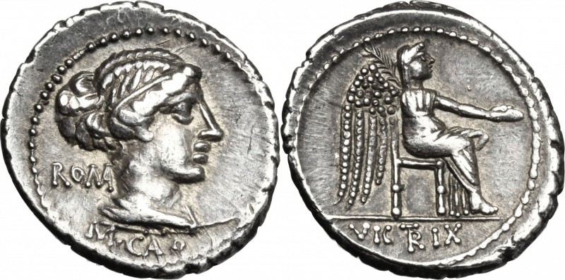 M. Cato. AR Denarius, 89 BC. D/ Diademed and draped female bust right; behind, R...