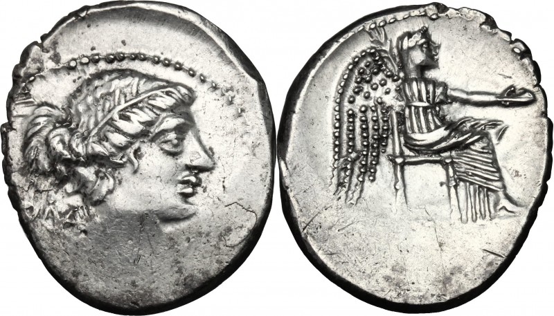 M. Cato. AR Denarius, 89 BC. D/ Female bust right, diademed and draped. R/ Victo...