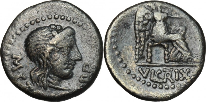 M. Cato. AR Quinarius, 89 BC. D/ Head of Liber right, wearing ivy-wreath. R/ Vic...