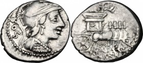 Repubblica Romana. L. Rubrius Dossenius. Denarius, 87 BC. D/ Head of Minerva right, helmeted and wearing aegis. R/ Triumphal quadriga right, above, Vi...
