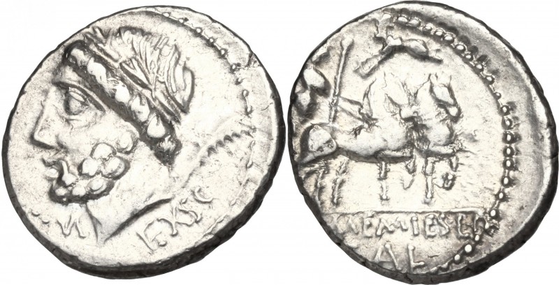 L. and C. Memmius L.f. Galeria. AR Denarius, 87 BC. D/ Head of Saturn left, laur...